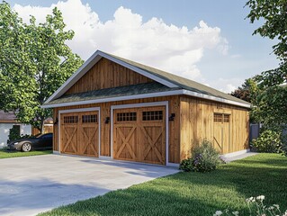 Obraz premium Rustic Wooden Three-Car Garage: A charming three-car garage, showcasing rustic wooden siding, a gable roof, and two large carriage-style doors, adds character and functionality to any property.