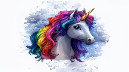 Magical unicorn with a rainbow mane, set against a dreamy sky background, exuding magical charm and fantasy allure, perfect for enchanting illustrations