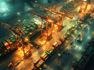 Obraz premium A futuristic neon-lit harbor where massive glowing ships dock silently. Radiant cranes lift shimmering containers, and glowing pathways lead to vibrant markets filled with holographic vendors. 