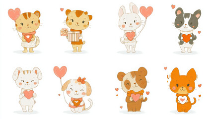 Fototapeta premium Illustration set of adorable animals—cats, dogs, and bunnies—holding heart-shaped balloons and wearing love accessories.