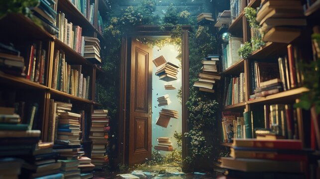 Mystical library with a portal and floating books offering an escape to another world