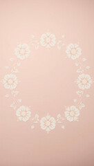 All around, a floral decorative pattern in white and pastel pink tones, symmetrical and harmonious, with a soft background in gradient colors between beige and light pink.
