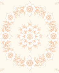 All around, a floral decorative pattern in white and pastel pink tones, symmetrical and harmonious, with a soft background in gradient colors between beige and light pink.