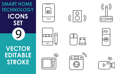 A clean vector illustration featuring nine smart home technology icons with editable stroke. Minimalist, black line art on a white background, emphasizing devices like cameras, speakers, and remotes