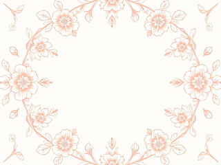 All around, a floral decorative pattern in white and pastel pink tones, symmetrical and harmonious, with a soft background in gradient colors between beige and light pink.