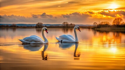 Fototapeta premium Panoramic Golden Lake: Lonely Swans at Sunset - Serene Wildlife Photography