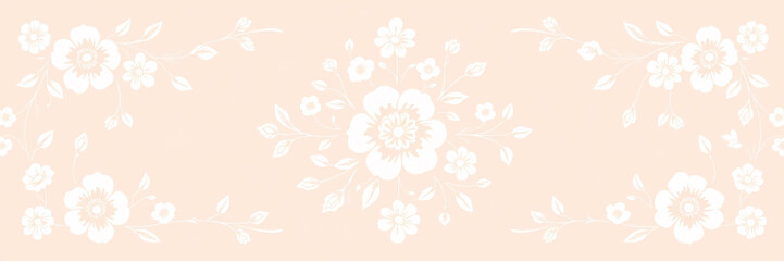 All around, a floral decorative pattern in white and pastel pink tones, symmetrical and harmonious, with a soft background in gradient colors between beige and light pink.