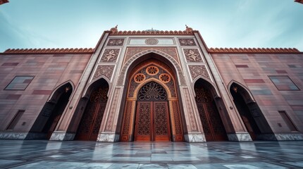 Obraz premium beautifully intricate gate at Hassan II Mosque in Casablanca, Morocco. Seamless color blending creates a dramatic upward perspective