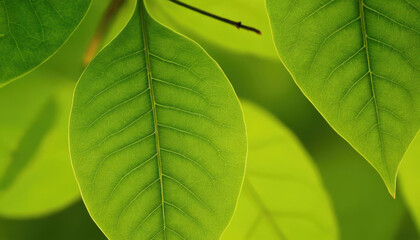 Close-up of translucent overlapping green leaves with glowing veins