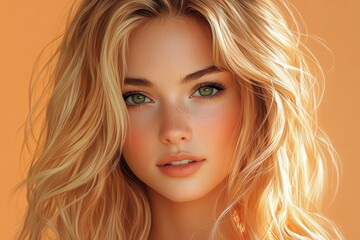 Fototapeta premium a portrait of a woman with light blonde hair in loose curls frames her face accentuating her striking green eyes and radiant smile capturing beauty and personality in a captivating illustration