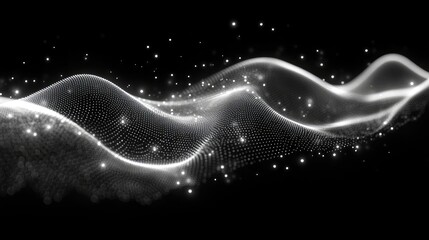 Abstract representation of flowing waves with glowing particles, creating a dynamic visual effect