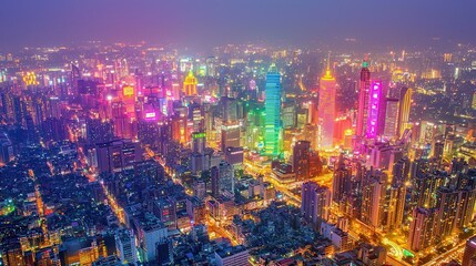 Fototapeta premium A sprawling cyberpunk megacity extending as far as the eye can see, with sleek skyscrapers glowing in neon pink, purple, and blue hues. The air is filled with shimmering rain that reflects vibrant 