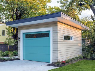 Modern Detached Garage: A contemporary detached garage with a sleek design featuring a light blue garage door and a white trim. The garage sits amidst a lush green lawn with landscaping.