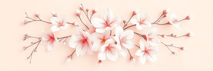 All around, a floral decorative pattern in white and pastel pink tones, symmetrical and harmonious, with a soft background in gradient colors between beige and light pink.