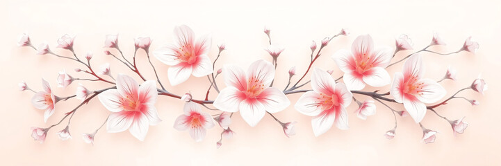 All around, a floral decorative pattern in white and pastel pink tones, symmetrical and harmonious, with a soft background in gradient colors between beige and light pink.