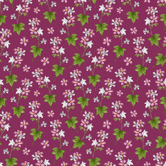Floral pattern. Seamless pattern with wild field pink flowers. Illustration in sketch and color style. Doodle and line drawing. Summer design for textile, packaging, paper, scrapbooking.