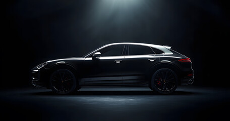 Obraz premium Luxury Black Sports Car on Reflective Surface with Dark Background
