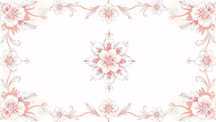 All around, a floral decorative pattern in white and pastel pink tones, symmetrical and harmonious, with a soft background in gradient colors between beige and light pink.