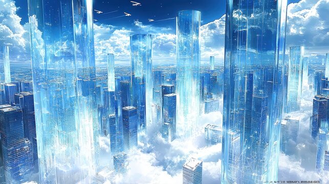 A futuristic AI-powered city built entirely from translucent crystal, suspended above a glowing sea of clouds. Radiant bridges connect floating towers, each pulsing with energy from a central 