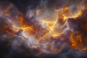 Fiery nebula, cosmic clouds, swirling gas and dust, vibrant orange and grey hues, celestial landscape, abstract space art, digital painting, otherworldly scene, high-resolution image.