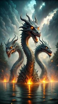A three-headed hydra emerging from a misty marsh, with glowing eyes and faint fire or ice emanating from each mouth, surrounded by dark water