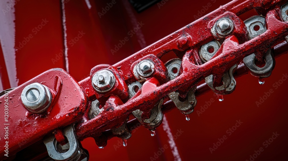Poster close-up view of a red chain mechanism with droplets, showcasing intricate details and textures