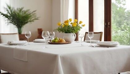 Elegant dining arrangement, simple table adorned with white plates, lush greenery centerpiece, family gathered, warm soft light creating a cozy atmosphere for shared moments,furniture, horizontal, 864
