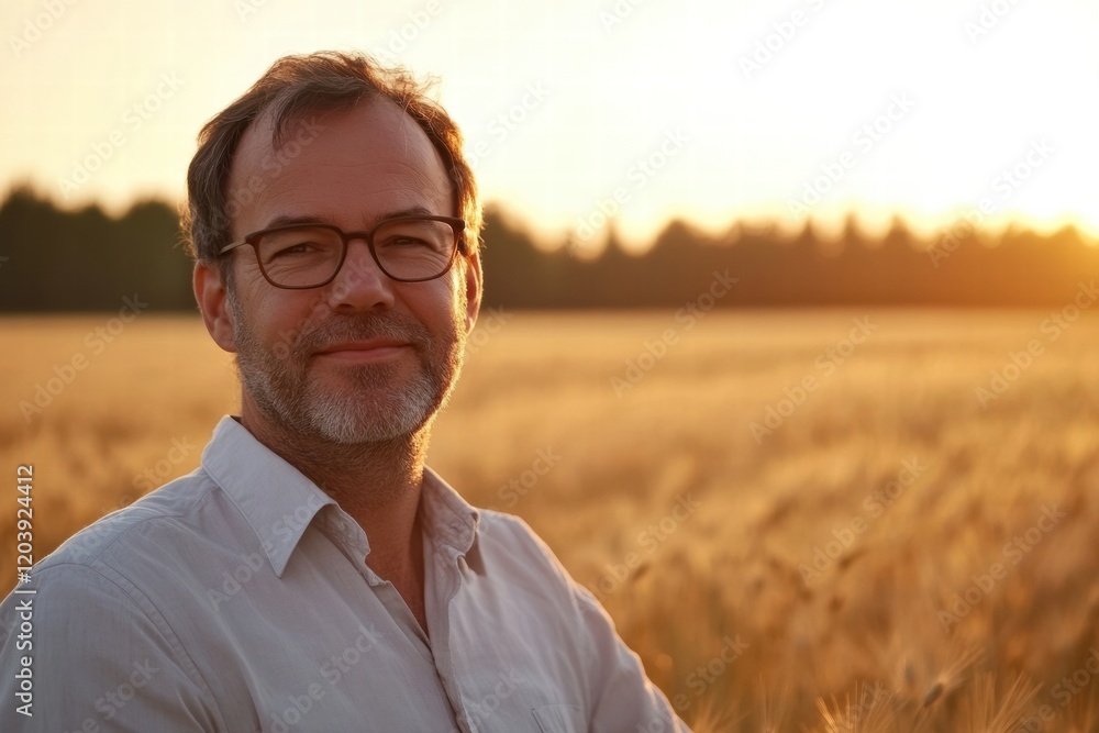 Poster man smiling confidently in a golden wheat field during a sunset with warm light illuminating the lan