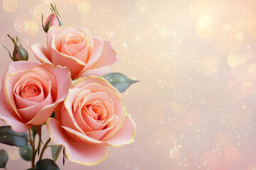 Obraz premium Elegant pink roses with golden edges on sparkling bokeh background