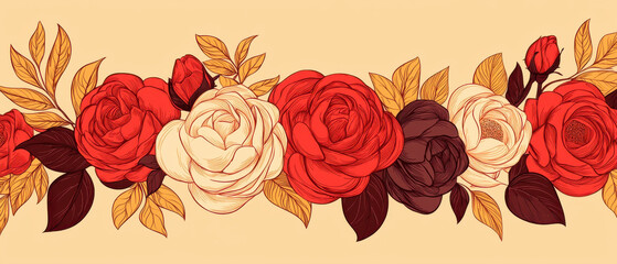 Vintage floral border with red, white, and dark roses on beige background