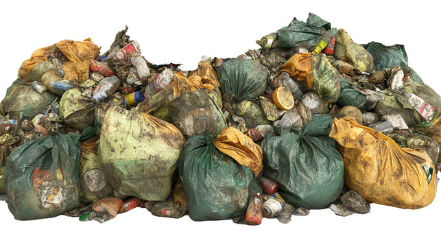 Transparent Garbage Bags Filled with Waste, Isolated on White Background for Environmental Projects