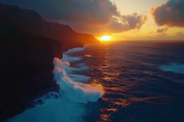 Breathtaking aerial view of ocean waves crashing against rugged cliffs as the sun sets in the...