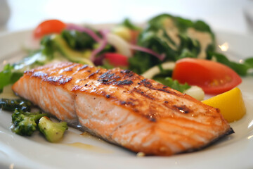 Delicious grilled salmon fillet served with a fresh side salad, including tomatoes, broccoli, and lemon.  A healthy and appetizing meal.