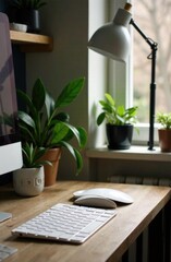 Desk with office supplies, decorated with plants