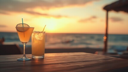 Tropical cocktails against a beautiful sunset view.