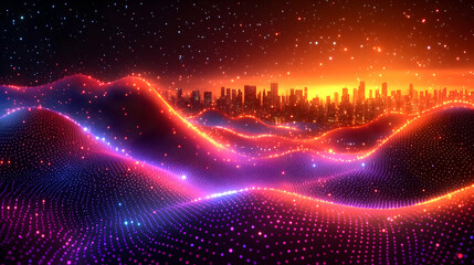 Vibrant futuristic cityscape at sunset with neon glow and digital wave landscape