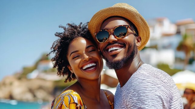 Happy couple enjoying a sunny beach day while smiling for the camera in a picturesque coastal setting with colorful umbrellas and seaside homes