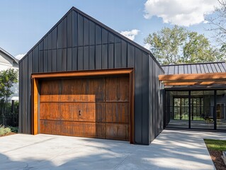 Modern Garage Design: A contemporary two-car garage boasts a sleek black exterior with rustic wooden accents, showcasing an elegant blend of modern and traditional architectural styles. 