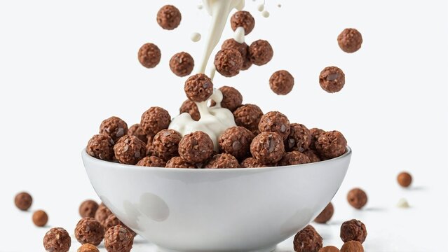 A bowl of rounded chocolate cereal balls with milk, advertising concept, isolated on transparent background
