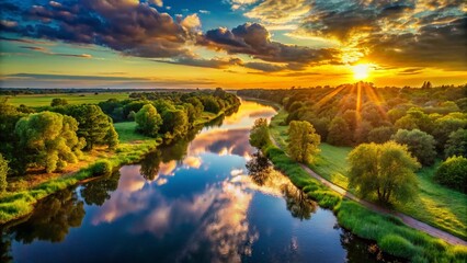 Fototapeta premium Panoramic River View Landscape Photography: Serene Sunset Over Calm Water