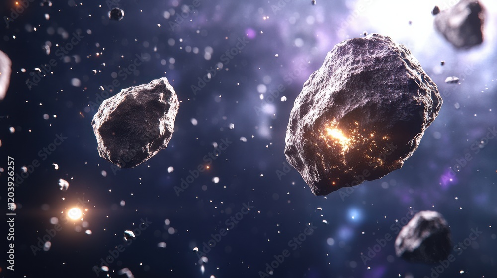 Poster asteroids floating in the vastness of space, illuminated by distant stars and cosmic phenomena