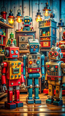 A vibrant workshop featuring clunky, colorful robots built with 1950s aesthetics