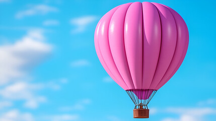 Fototapeta premium A vibrant pink hot air balloon floats gracefully against a clear blue sky dotted with fluffy white clouds.