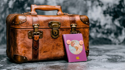 A vintage leather suitcase and a colorful passport holder are displayed on a textured surface, evoking a sense of travel and adventure.