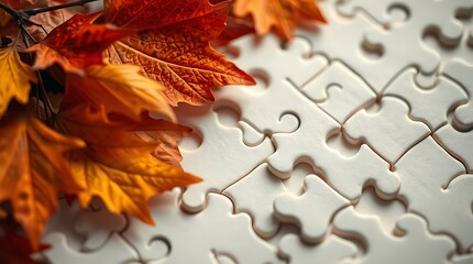 Autumn leaves on a partially completed jigsaw puzzle.