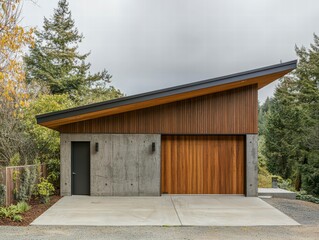 Modern Garage Design:  A sleek, contemporary garage with a wood and concrete facade, showcasing an architectural design that blends seamlessly into a natural environment.  