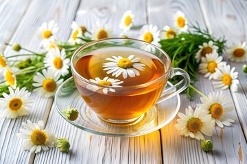 Glass cup of chamomile tea with fresh flowers. A warm glass cup of chamomile tea with floating chamomile flowers, surrounded by fresh blossoms on a rustic wooden table, creating a relaxing scene
