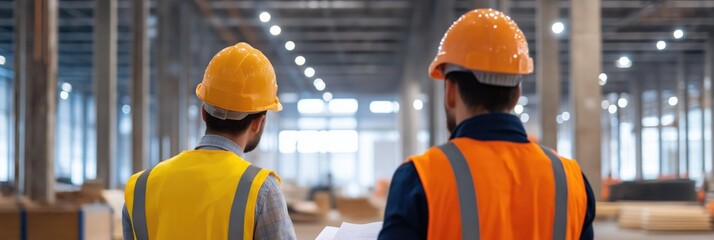 Two construction workers in hard hats at a site, symbolizing teamwork, safety, and progress in modern industry.