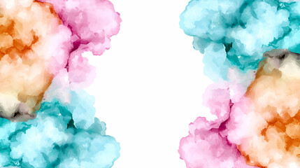 A vibrant watercolor design featuring colorful cloud-like shapes in pink, blue, and orange, framed around a blank white center.