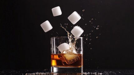 Whiskey, ice cubes falling, dark background, splash, drink